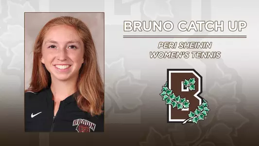 Head shot of women's tennis' Peri Sheinin alongside the Brown Athletics logo