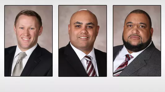 Head shots of football coaches Eric Bunker, Ryan Mattison, and Willie Edwards in professional dress