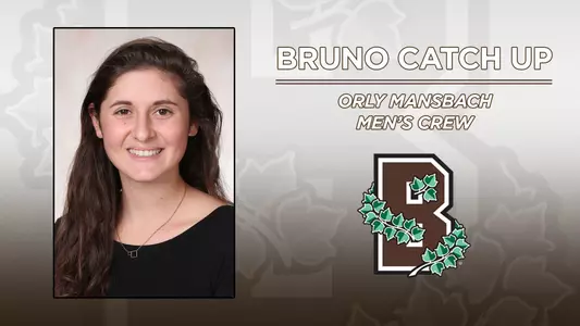 Head shot of men's crew coxswain Orly Mansbach alongside a Brown Athletics logo