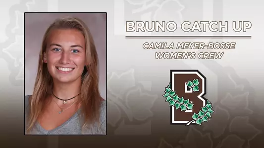 Head shot of women's crew's Camila Meyer-Bosse alongside a Brown Athletics logo