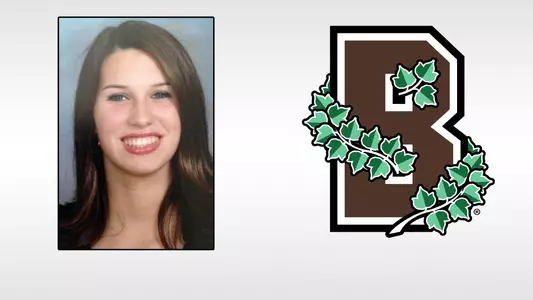 Head shot of women's water polo assistant coach Brittany Connell alongside a Brown Athletics logo