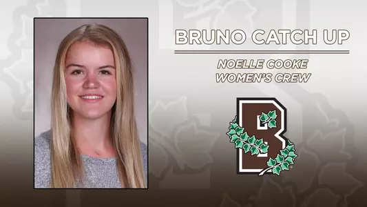 Head shot of women's crew's Noelle Cooke alongside a Brown Athletics logo