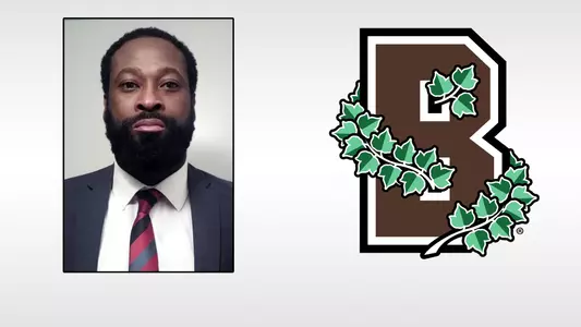 Head shot of football assistant coach Peter Quaweay alongside a Brown Athletics logo