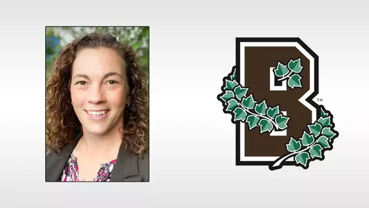 Headshot of women's hockey head coach Melanie Ruzzi alongside the Brown Athletics logo