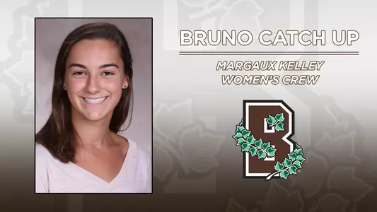 Head shot of women's crew's Margaux Kelley alongside a Brown Athletics logo