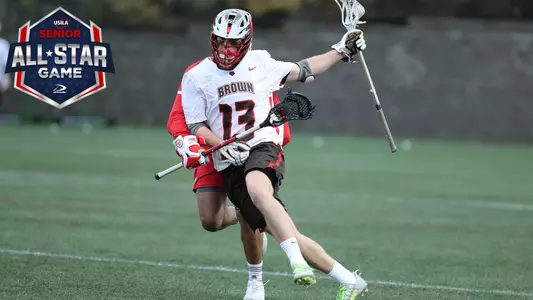 Action shot of Riley Stewart and the USILA All-Star Game logo