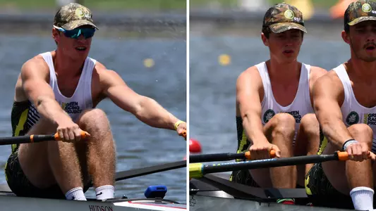 Men's rowers compete on a sunny day