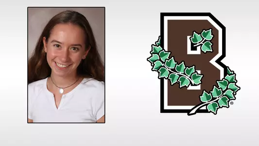 Head shot of women's crew's Izzy Aronin alongside a Brown Athletics logo