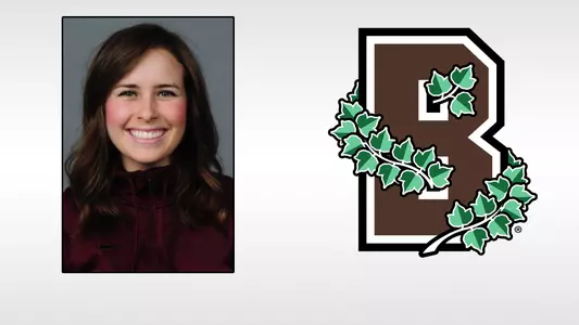 Head shot of volleyball coach Taylor Virtue alongside a Brown Athletics logo