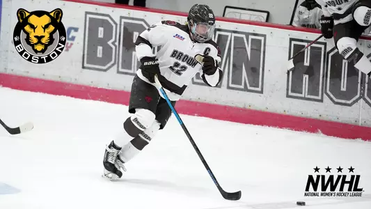 Action photo of Abby Nearis with NWHL and Boston Pride logos