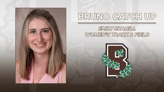 Head shot of women's track & field's Emily Skahill alongside the Brown Athletics logo