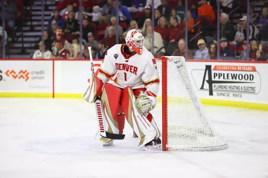 04 NOV 2023: The Denver Pioneers Men?s Ice Hockey team takes on Colorado College at Magness Arena on the University of Denver campus in Denver, CO. (Jamie Schwaberow/Clarkson Creative Photography)