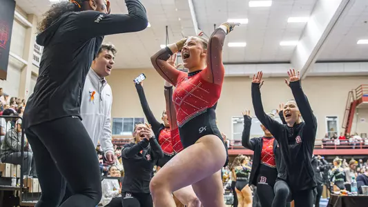 Gabby Mautner celebrates a vault routine on January 11, 2026