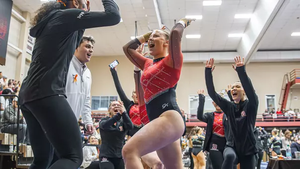 Gabby Mautner celebrates a vault routine on January 11, 2026