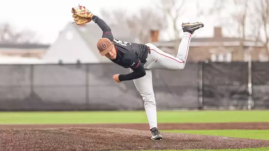 Ty Harris delivers a pitch against URI in March 2026
