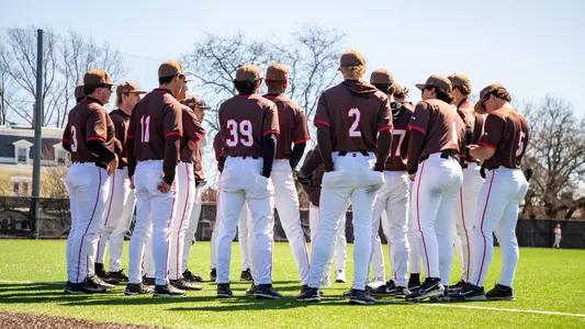 Brown baseball huddles up before its game against Princeton on March 29, 2026