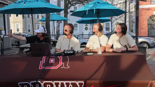 The Brown women's lacrosse team at Pizza Marvin during the Brown Bears Sports Report