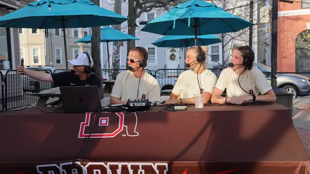 The Brown women's lacrosse team at Pizza Marvin during the Brown Bears Sports Report