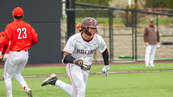 Mika Petersen runs to first against Cornell on April 25, 2026