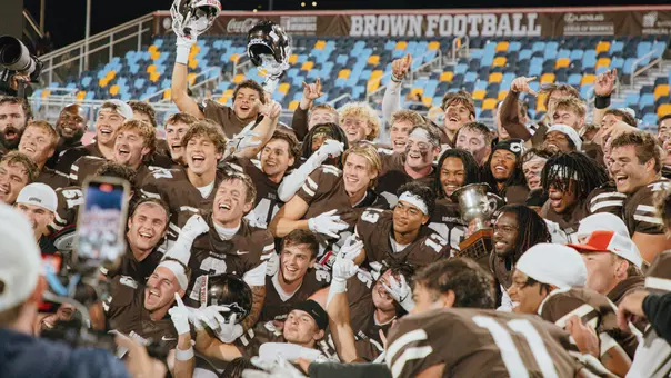Brown celebrates it's Governor's Cup win over URI on Oct. 3, 2025