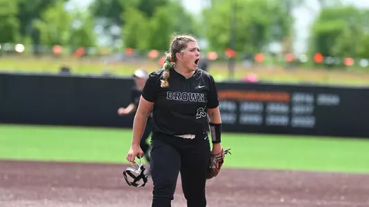 Macy Borowski celebrates after striking out a batter against Harvard