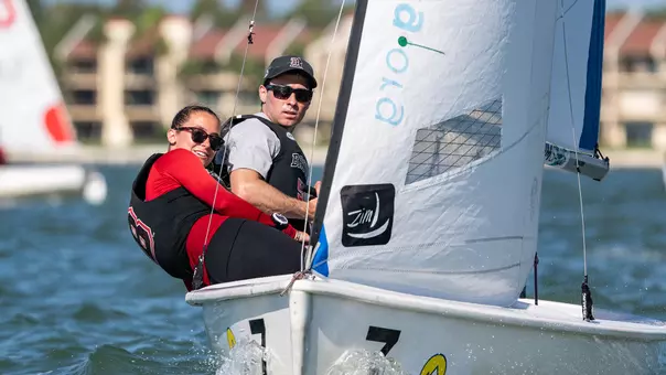 Blake Behrens and Caroline Keeffe-Jones compete in the 2026 ICSA Open Fleet Race National Championship