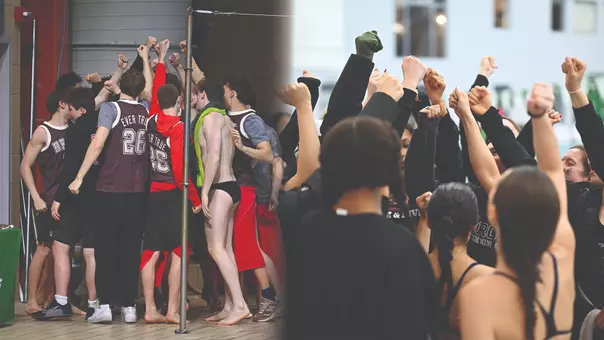 Men's Swimming and Diving programs huddled at 2026 Ivy League Championships