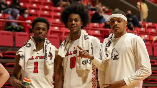 Ball State Cardinals pose during a baskeball win
