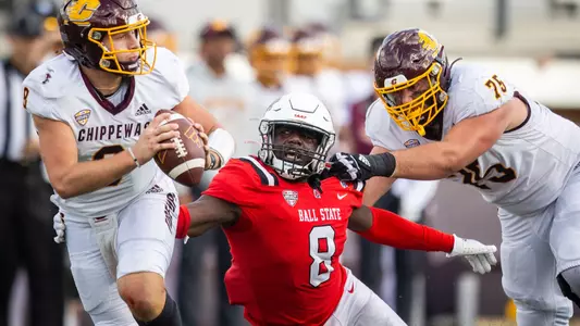 The Ball State football team competes against Central Michigan on Saturday, October 21, 2023 at Scheumann Stadium during Homecoming.