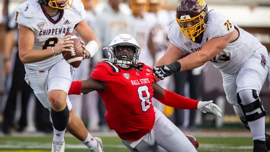 The Ball State football team competes against Central Michigan on Saturday, October 21, 2023 at Scheumann Stadium during Homecoming.