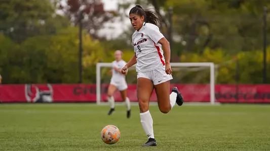 Delaney Caldwell dribbling the soccer ball