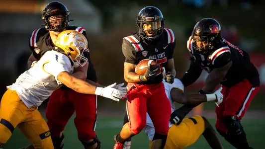 The Ball State Cardinals football team competes against the Kent State Golden Flashes at Scheumann Stadium on November 18, 2023 . Photo by Bobby Ellis.