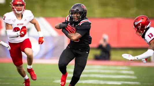 The Ball State football team competes against the Miami Redhawks at Scheumann Stadium on November 25, 2023. Photo by Bobby Ellis.