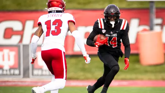 The Ball State football team competes against the Miami Redhawks at Scheumann Stadium on November 25, 2023. Photo by Bobby Ellis.