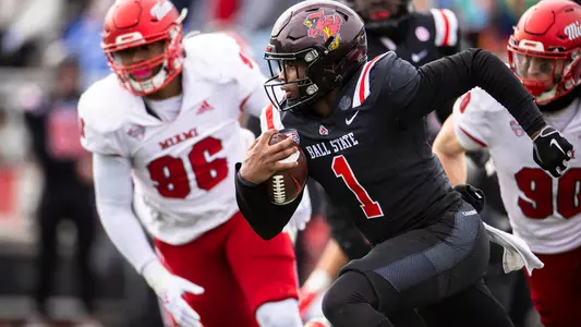 The Ball State football team competes against the Miami Redhawks at Scheumann Stadium on November 25, 2023. Photo by Bobby Ellis.