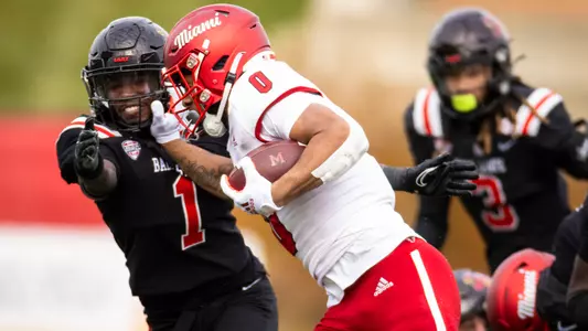 The Ball State football team competes against the Miami Redhawks at Scheumann Stadium on November 25, 2023. Photo by Bobby Ellis.