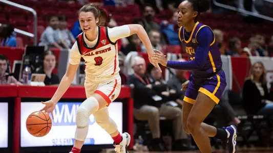 The Ball State women's basketball team competes against Tennessee Tech at Worthen Arena on November 6, 2023. Photo by Bobby Ellis.