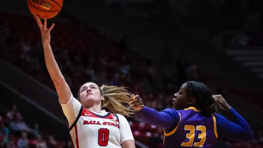 The Ball State women's basketball team competes against Tennessee Tech at Worthen Arena on November 6, 2023. Photo by Bobby Ellis.