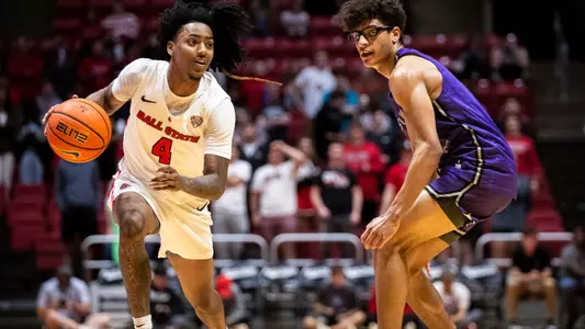 The Ball State men's basketball team competes against Goshen at Worthen Arena on November 7, 2023. Photo by Bobby Ellis.