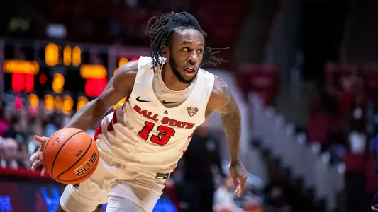 The Ball State men's basketball team competes against Goshen at Worthen Arena on November 7, 2023. Photo by Bobby Ellis.
