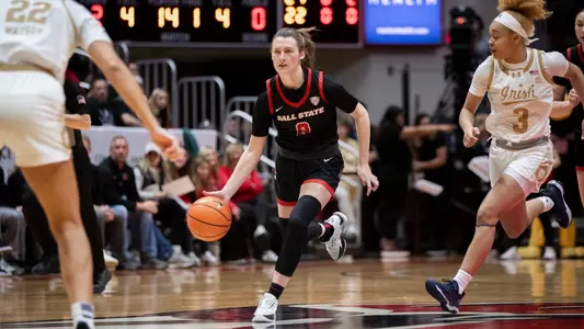 The Ball State women's basketball team competes against Notre Dame in Worthen Arena on November 24, 2023 . Photo by Bobby Ellis.