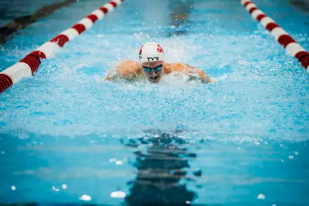 The Ball State swimming and diving team takes part in an intramural swimming meet during senior day at Lewellen Aquatic Center in Muncie, Indiana on January 11, 2025. Photo by Bobby Ellis/Ball State University