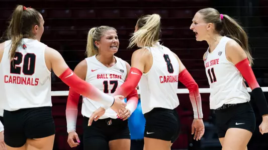 Ball State celebrates a point versus Western Michigan