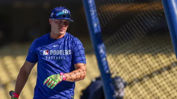 LOS ANGELES, CA - SEPTEMBER 30: Alex Call #12 of the Los Angeles Dodgers takes batting practice prior to Game One of the National League Wild Card Series between the Cincinnati Reds and the Los Angeles Dodgers at Dodger Stadium on Tuesday, September 30, 2025 in Los Angeles, California. (Photo by Katelyn Mulcahy/MLB Photos via Getty Images)