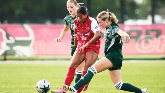 The Ball State soccer team competes against Eastern Michigan University at the Briner Sports Complex at Ball State University in Muncie, Indiana on Oct 1, 2026 at Ball State University. Photo by Bobby Ellis/Ball State University.