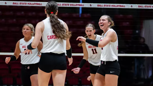 Reese Axness celebrates a point in Ball State's 3-0 sweep of Central Michigan on Oct. 10, 2026 in Worthen Arena