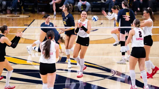 Senior middle Gwen Crull celebrates a kill in Ball State's 3-1 setback at Toledo on Oct. 2, 2026