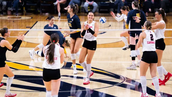 Senior middle Gwen Crull celebrates a kill in Ball State's 3-1 setback at Toledo on Oct. 2, 2026