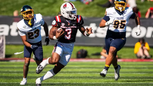 The Ball State football team competes against Toledo University at Scheumann Stadium in Muncie, Indiana on October 03, 2026. Photo by Bobby Ellis/Ball State University