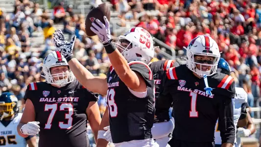 The Ball State football team competes against Toledo University at Scheumann Stadium in Muncie, Indiana on October 03, 2026. Photo by Bobby Ellis/Ball State University